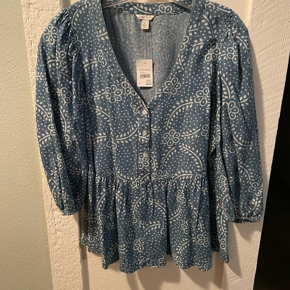 Elegant Blue Patterned Women's Blouse